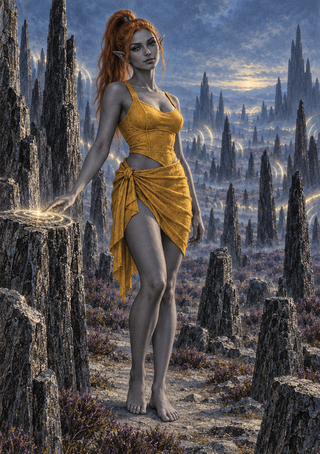 Full-length pointed-eared woman in a mustard-gold outfit among dark rock spires, reaching toward a glowing circle on stone.