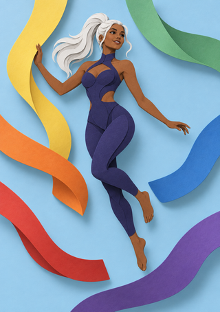 White-haired woman in a violet outfit floating among bright rainbow-colored ribbons against a pale blue background.