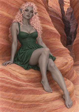 Pink-haired, pointed-eared woman in a dark green dress seated barefoot against layered red sandstone.