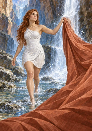 Red-haired woman in a white draped dress holding a large rust-red cloth beneath a waterfall.