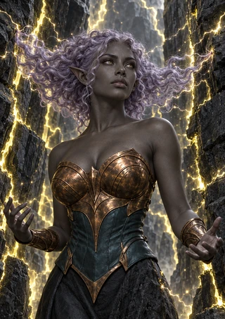 Gray-skinned, pointed-eared woman with lavender hair and bronze armor amid golden lightning and dark rock.