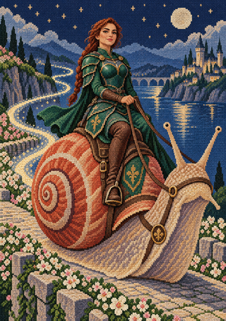 Green-armored red-haired rider on a giant spiral-shelled snail along a winding moonlit path toward a castle.