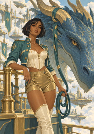 Woman in teal and gold holding a looped strap beside a large blue, gold-horned dragon, with an airborne city, bridges, and flying vessels behind them.