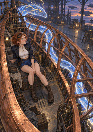 A seated woman in an industrial-fantasy workshop beside a copper framework and glowing blue serpentine form, with airships in the distance.