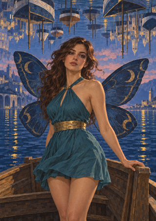Winged woman in a teal dress standing in a wooden boat beneath an inverted harbor city over blue-pink twilight water.