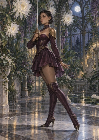 Dark-haired woman in a plum outfit holding an upright sword in a moonlit glasshouse garden framed by white flowers and vines.