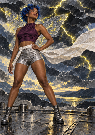 Blue-haired winged fantasy woman in a plum top and silver shorts amid lightning and storm clouds.