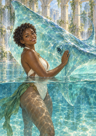 Woman in cream clothing touching a translucent manta ray in turquoise water beneath pale stone arches.