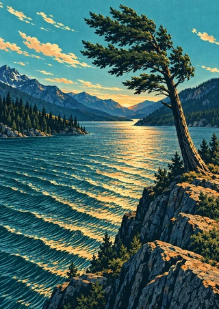 A left-leaning pine on a rocky point overlooks rippling mountain water and forested ridges lit by sunset.