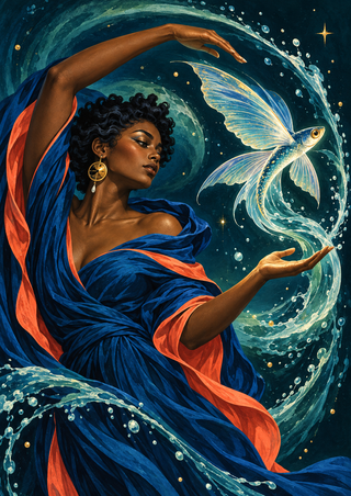 Adult woman in flowing blue and coral drapery gestures toward a luminous flying fish encircled by aqua water.