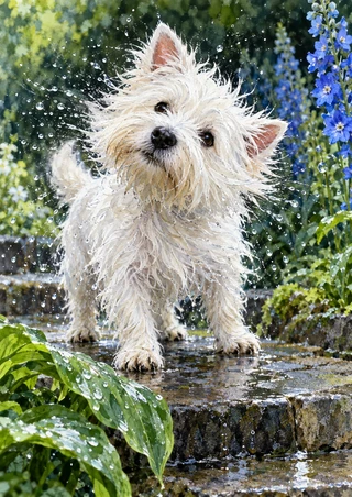 Small shaggy white West Highland terrier standing on wet stone amid flying droplets, blue flowers and lush green foliage.
