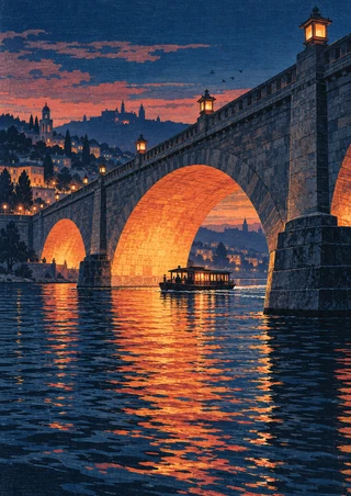 Lantern-lit stone bridge crossing a dark river at blue hour, with a small ferry beneath the central arch and hillside buildings beyond.