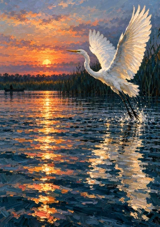 White egret lifting from a sunset river with wings raised, reflected warm light, dark reeds, and a small canoe on the far-left shore.