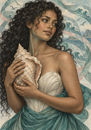 Dark-haired woman holding a large conch against curling waves, seabirds and a distant coast.