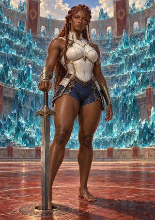 Braided woman warrior in white-and-gold armor holding a sword in a blue-crystal arena.