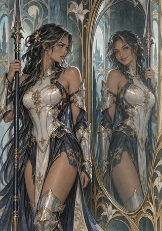 An armored woman holding a spear stands beside an ornate mirror with a subtly different-looking reflection.