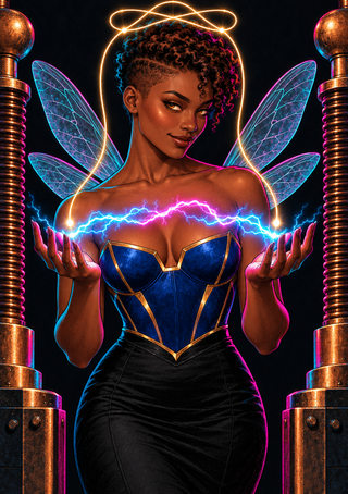 A winged woman holds bright electrical arcs between raised hands beneath luminous looping filaments, framed by mechanical columns.
