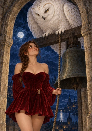 Woman in a burgundy dress holding a bell rope beneath a large white owl in a moonlit stone tower.
