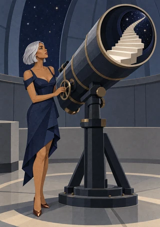 Silver-haired woman in a dark blue gown beside a brass-detailed telescope with a starry sky and staircase inside its circular opening.