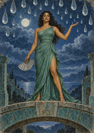 Woman in a sea-green gown holding a fan beneath suspended water drops on a moonlit bridge between stone ruins.