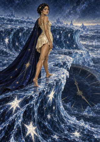 Fantasy witch in a gold dress and star-patterned navy cape standing on a frozen wave beneath a starry sky, with a compass-like disk in the ice.