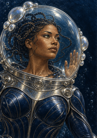 Underwater oracle-like woman with braided dark hair in an ornate metallic suit and rounded transparent, bubble-fitted helmet.