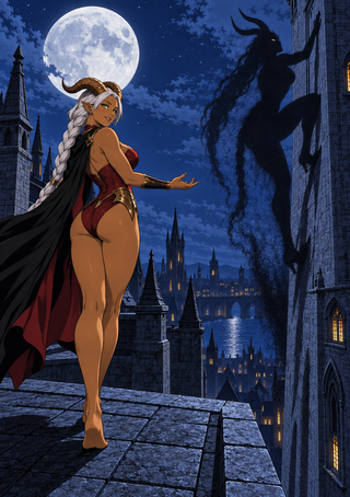 Horned white-haired woman in red and black gesturing toward a separate horned shadow on a gothic wall beneath a full moon.