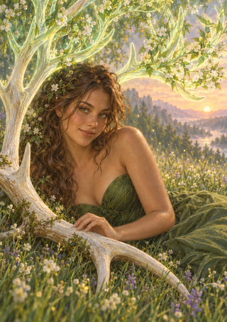Woman in a green bodice among meadow flowers, framed by pale antler-like branches and a leafy canopy.