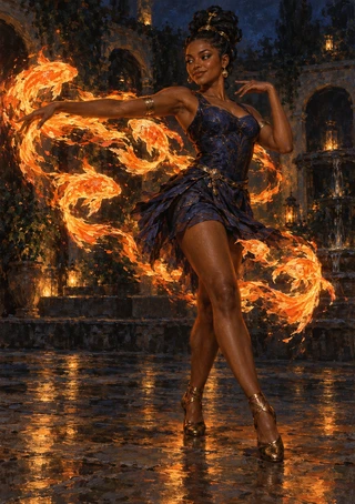 Woman in a dark blue dance costume poses in a reflective stone courtyard as orange and gold flaming fish-like forms arc around her.
