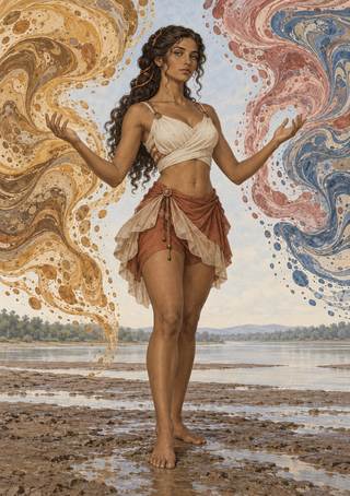 Barefoot woman in a cream top and rust skirt raises her hands between swirling marbled forms at a shoreline.