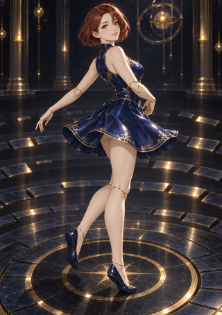 Red-haired anime-style dancer in a navy and gold dress turns on a circular floor in an ornate hall.