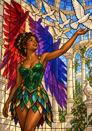 Full-length woman in a green, gold-trimmed leaf-like costume reaching toward white doves in a colorful stained-glass and stone interior.
