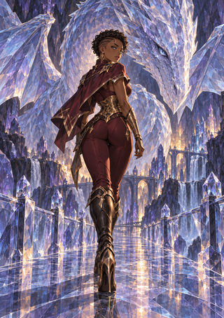 Dark-skinned woman in a burgundy fantasy outfit looking over her shoulder as a huge faceted dragon head looms in a reflective crystal hall.