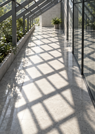 Sunlit glass-sided walkway with overhead beams casting a repeating grid of shadows across a pale floor, plants along the left, and a distant potted fern.