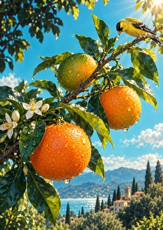 Small yellow-and-black garden bird on a diagonal orange branch with three oranges, glossy leaves, blossoms, and rain droplets.