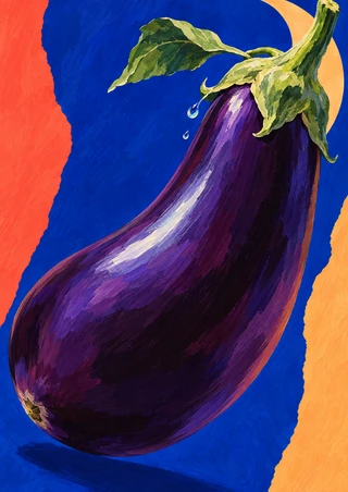 Glossy purple aubergine with green stem, leaf, and droplets sweeping diagonally across a blue, coral, and apricot background.