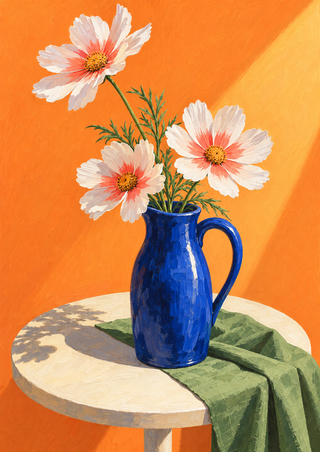 Three white flowers with coral and yellow-orange centres in a cobalt handled pitcher on a round table with a trailing green cloth.