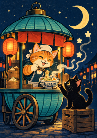 Orange tabby chef serving a steaming noodle bowl to a black kitten beside a teal lantern-shaped cart under a crescent moon.