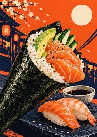 Large temaki cone filled with rice, salmon, cucumber, and avocado, with nigiri, dipping bowl, lantern-lit buildings, and blossoms.