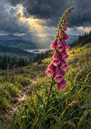 Tall magenta foxglove on a green hillside with grasses, winding path, distant lake, spruce ridge, and a break in storm clouds.