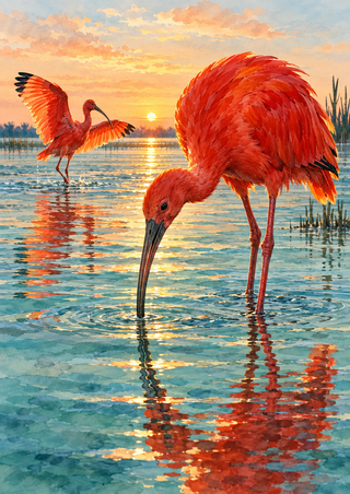 Two red-orange ibises wading in reflective teal water at sunrise, one probing the water and the other holding its wings open.