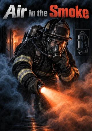 Firefighter in a breathing mask and air pack holding an orange light in a smoky corridor, with the headline “Air in the Smoke” and an equipment inset.