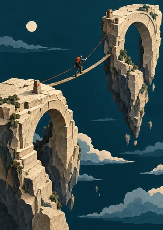 Small climber with an orange-red rope crossing a narrow plank between two enormous floating stone arches beneath a moonlit teal sky.
