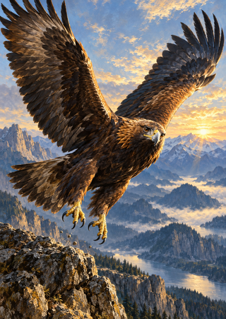 Brown-and-gold eagle flying above a rocky ledge with raised wings, extended talons, layered mountains, and warm dawn light.