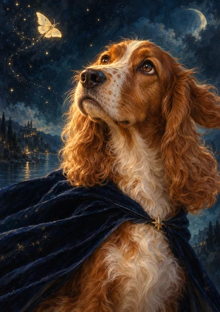 Copper-and-cream long-eared dog wearing a midnight-blue cape with a brass star clasp and gazing toward a luminous moth above a nocturnal waterside town.