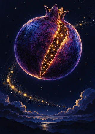 A luminous violet-blue pomegranate-shaped orb with a star-filled glowing seam floats above clouds, mountains, and reflective water as golden sparks arc below.