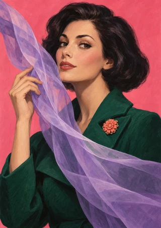A woman with a dark bob in an emerald coat holds a translucent lavender scarf beside her face; a coral flower brooch stands out against a warm pink background.