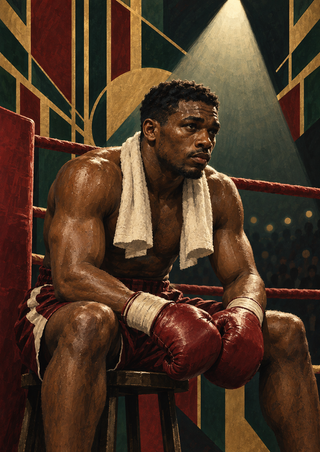 An adult male boxer sits on a stool under a spotlight, leaning forward with gloved hands together and a towel around his neck inside a boxing ring.