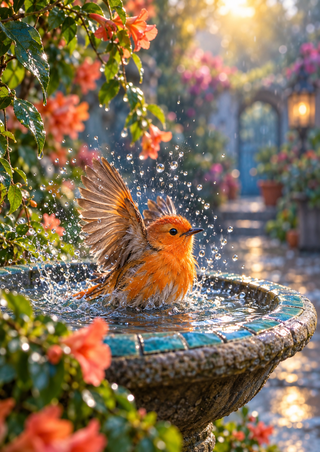 An orange-and-brown bird splashes in a stone birdbath with a turquoise tile rim, water droplets and flowering vines.