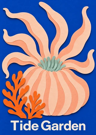 Layered cut-paper-style sea anemone with curling peach tentacles, a seafoam center, and orange coral fronds on a blue background, titled Tide Garden.